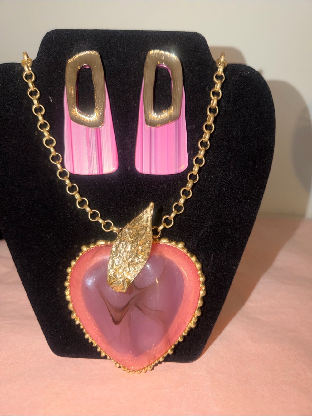 Gold-Tone Pink Heart Pendant Necklace with Pink Statement Earrings